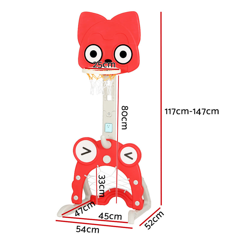 Kids 5-in-1 Adjustable Basketball Hoop with Soccer Goal, Ring Toss, Golf Game & Music Box - Red