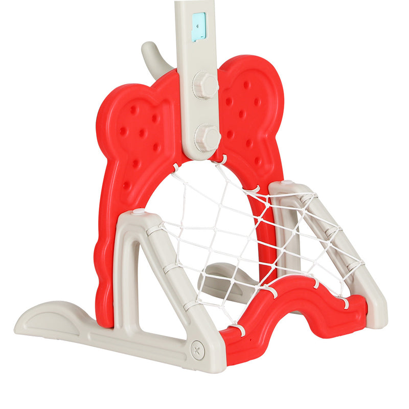 Kids 5-in-1 Adjustable Basketball Hoop with Soccer Goal, Ring Toss, Golf Game & Music Box - Red