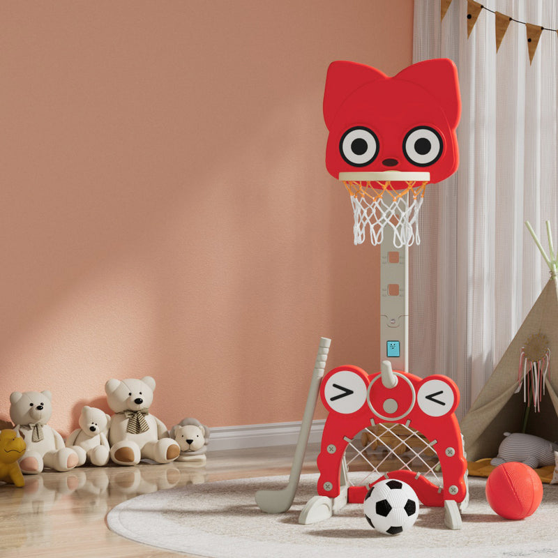 Kids 5-in-1 Adjustable Basketball Hoop with Soccer Goal, Ring Toss, Golf Game & Music Box - Red