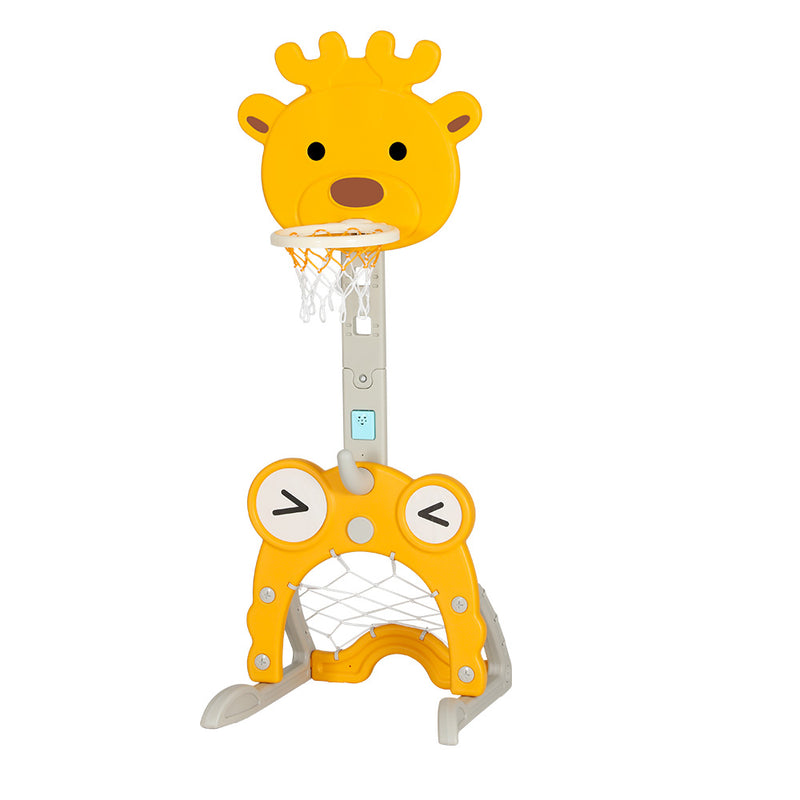 Kids 5-in-1 Adjustable Basketball Hoop with Soccer Goal, Ring Toss, Golf Game & Music Box - Yellow