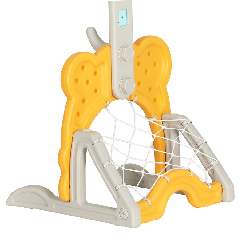 Kids 5-in-1 Adjustable Basketball Hoop with Soccer Goal, Ring Toss, Golf Game & Music Box - Yellow