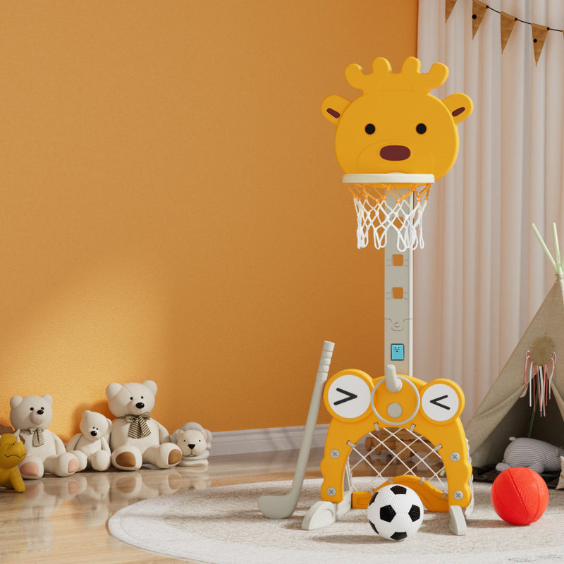 Kids 5-in-1 Adjustable Basketball Hoop with Soccer Goal, Ring Toss, Golf Game & Music Box - Yellow