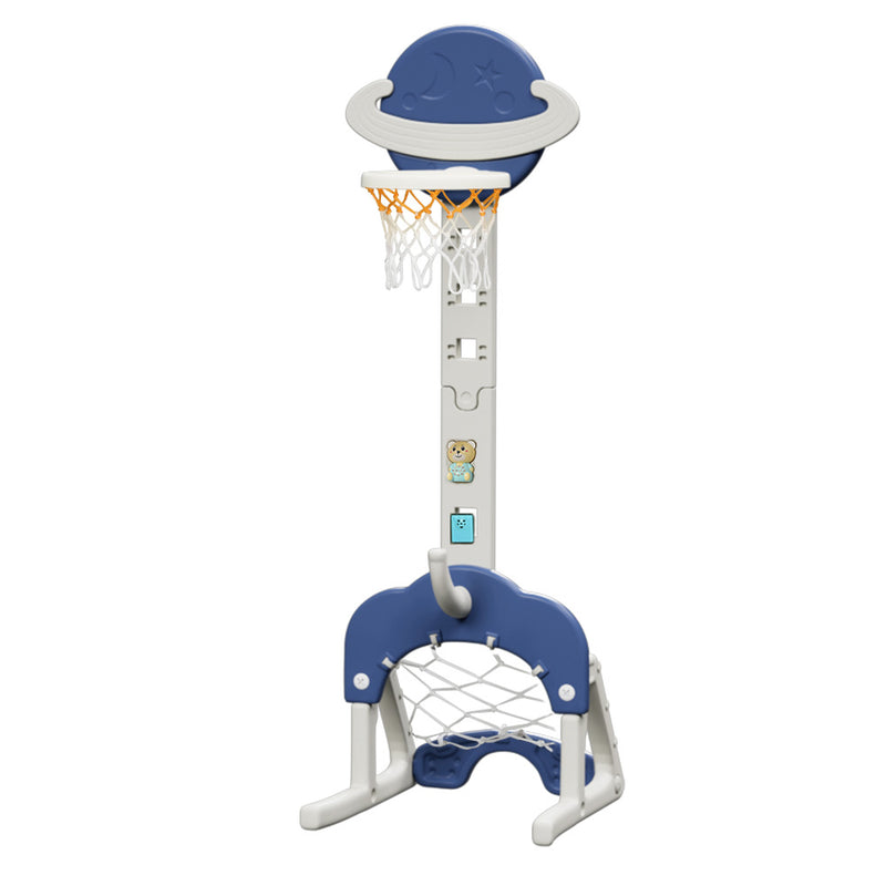 Kids 5-in-1 Adjustable Basketball Hoop with Soccer Goal, Ring Toss, Golf Game & Music Box - Blue