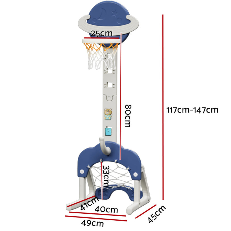 Kids 5-in-1 Adjustable Basketball Hoop with Soccer Goal, Ring Toss, Golf Game & Music Box - Blue