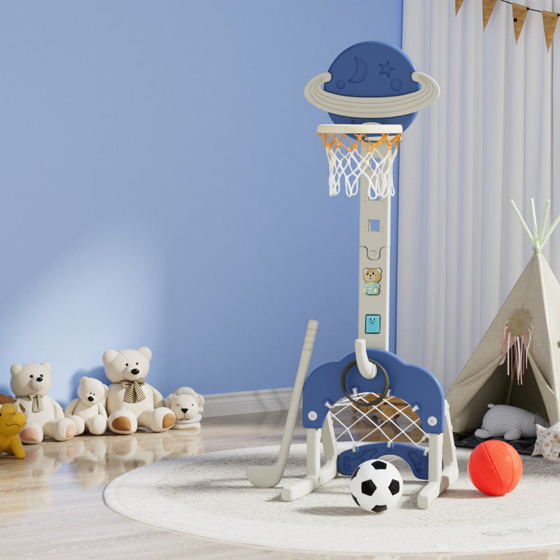 Kids 5-in-1 Adjustable Basketball Hoop with Soccer Goal, Ring Toss, Golf Game & Music Box - Blue