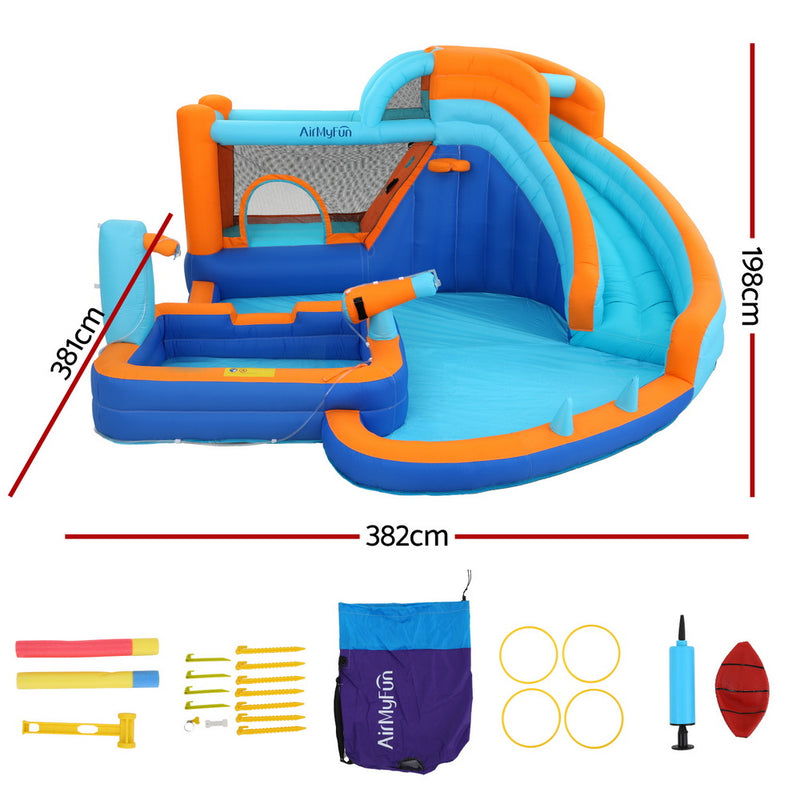 Kids Inflatable Splash Fun Park with Slide, Water Cannon, Basketball Hoop & Ring Toss