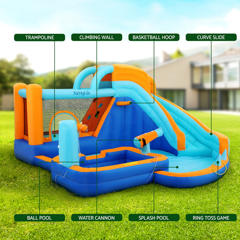 Kids Inflatable Splash Fun Park with Slide, Water Cannon, Basketball Hoop & Ring Toss