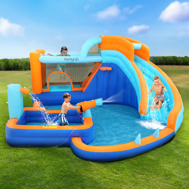 Kids Inflatable Splash Fun Park with Slide, Water Cannon, Basketball Hoop & Ring Toss
