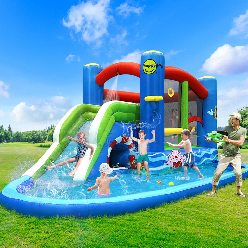 Kids Inflatable Water Play Splash Park with Slide, Jumping Castle and Basketball Hoop