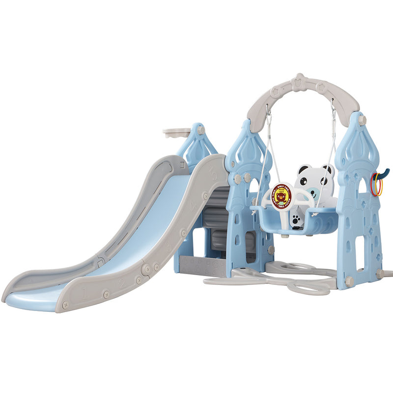 Slide & Panda Swing Set with Basketball Hoop and Ring Toss (Blue)