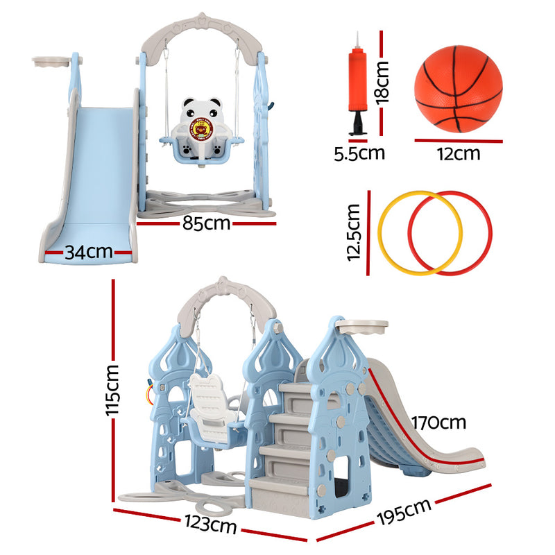 Slide & Panda Swing Set with Basketball Hoop and Ring Toss (Blue)
