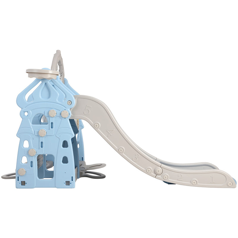Slide & Panda Swing Set with Basketball Hoop and Ring Toss (Blue)