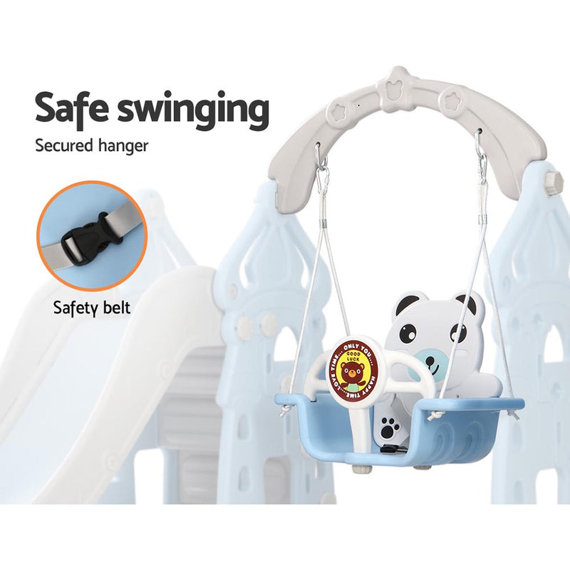 Slide & Panda Swing Set with Basketball Hoop and Ring Toss (Blue)