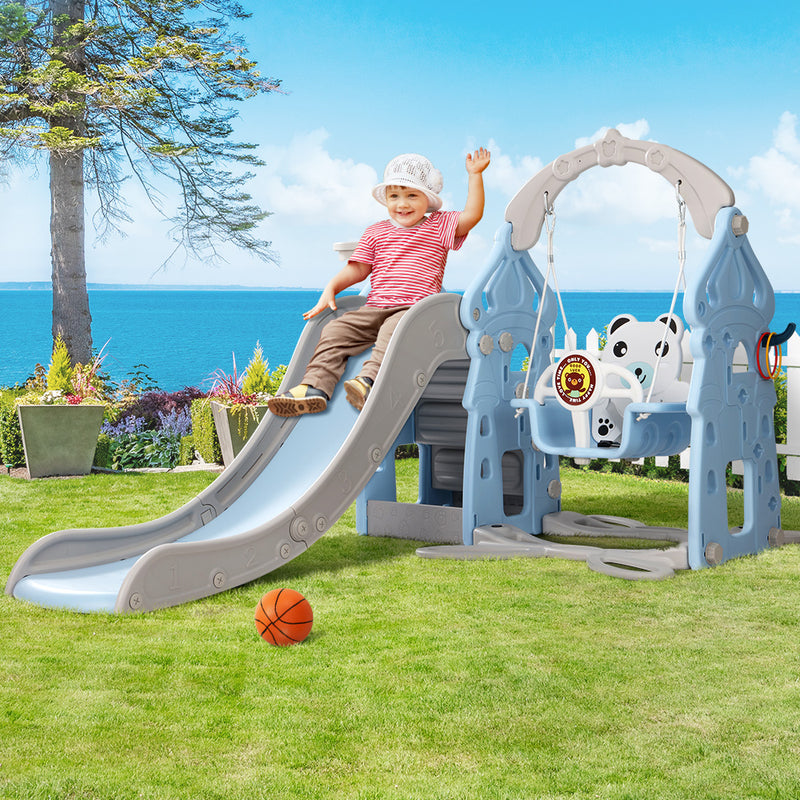 Slide & Panda Swing Set with Basketball Hoop and Ring Toss (Blue)