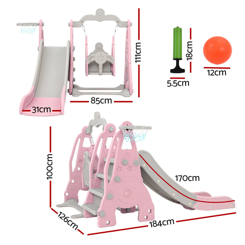 Slide & Swing Set with Basketball Hoop Indoor/Outdoor (Pink)