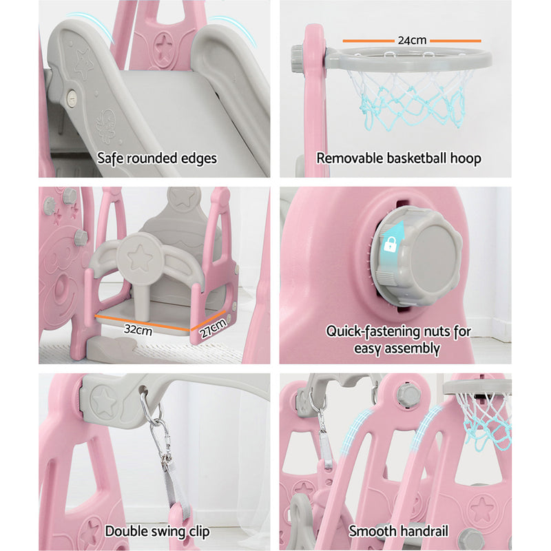 Slide & Swing Set with Basketball Hoop Indoor/Outdoor (Pink)