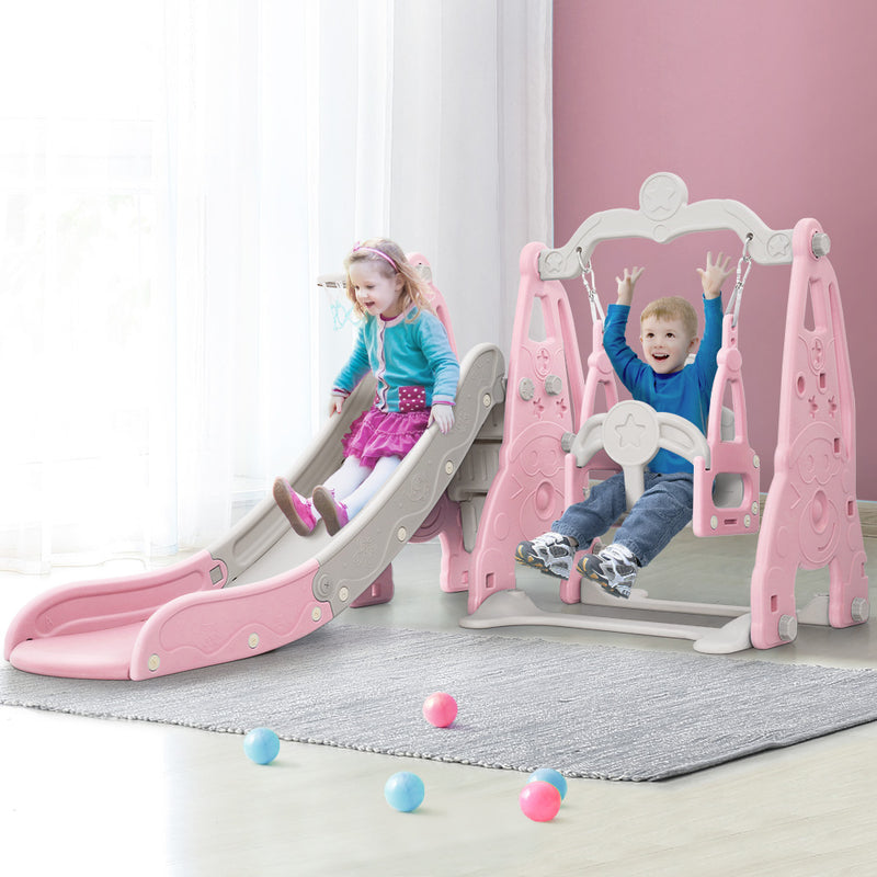 Slide & Swing Set with Basketball Hoop Indoor/Outdoor (Pink)