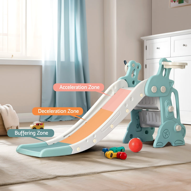 Kids Deer Slide Set with Basketball Hoop and Ring Toss Game 1.4m (Blue)