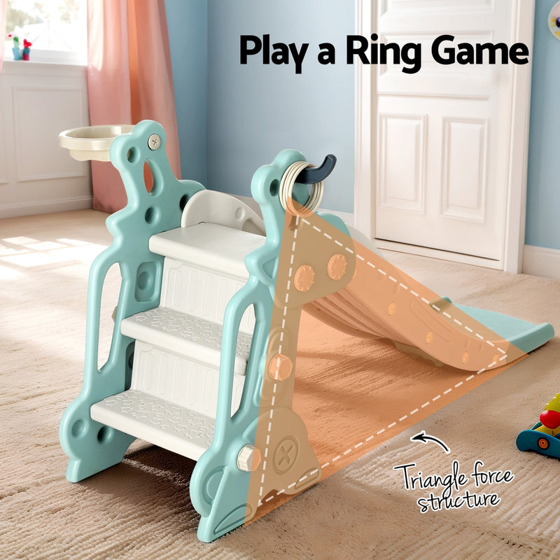 Kids Deer Slide Set with Basketball Hoop and Ring Toss Game 1.4m (Blue)