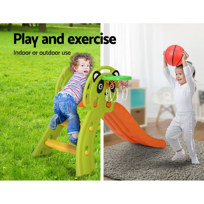 Panda Slide Set with Basketball Hoop Indoor Outdoor 1.0m (Green/Orange)
