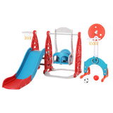 Kids Slide & Swing Set with Soccer Goal, Ring Toss & Two Basketball Hoops (Red)