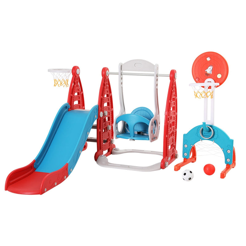 Kids Slide & Swing Set with Soccer Goal, Ring Toss & Two Basketball Hoops (Red)