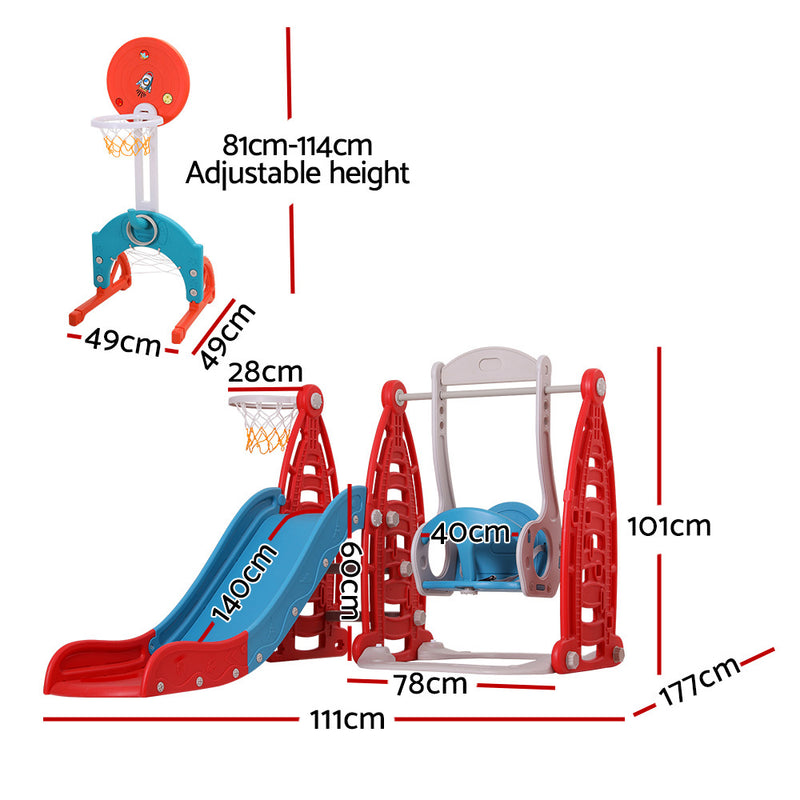 Kids Slide & Swing Set with Soccer Goal, Ring Toss & Two Basketball Hoops (Red)