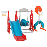 Kids Slide & Swing Set with Soccer Goal, Ring Toss & Two Basketball Hoops (Red)
