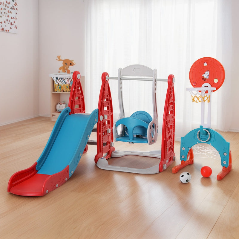 Kids Slide & Swing Set with Soccer Goal, Ring Toss & Two Basketball Hoops (Red)