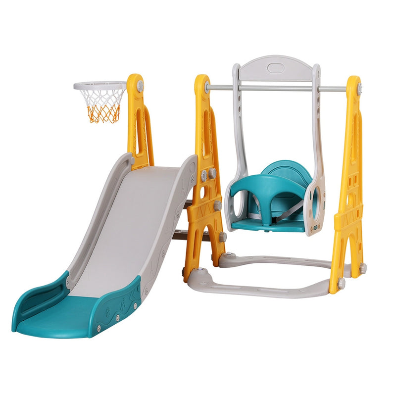 Kids Slide & Adjustable Swing Set with Basketball Hoop (Green)