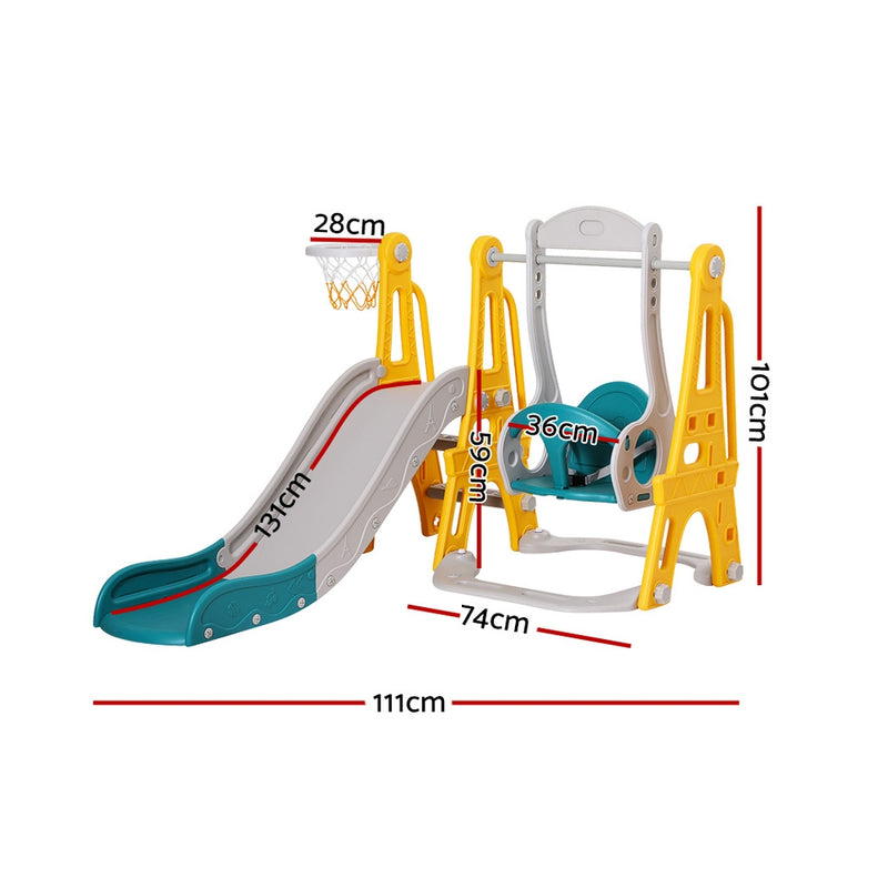 Kids Slide & Adjustable Swing Set with Basketball Hoop (Green)