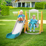 Kids Slide & Adjustable Swing Set with Basketball Hoop (Green)