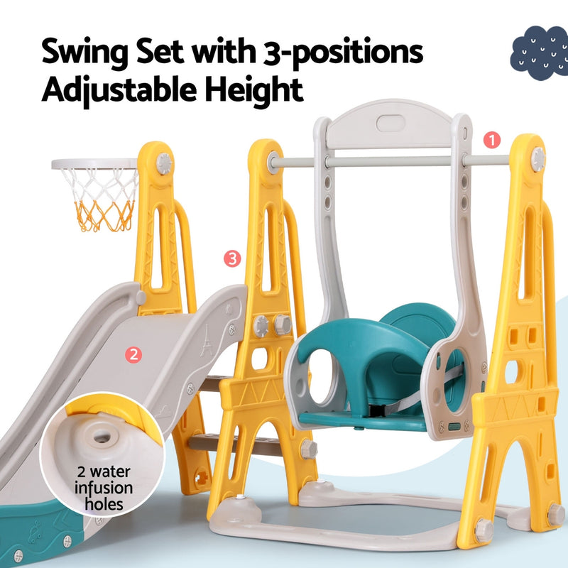 Kids Slide & Adjustable Swing Set with Basketball Hoop (Green)