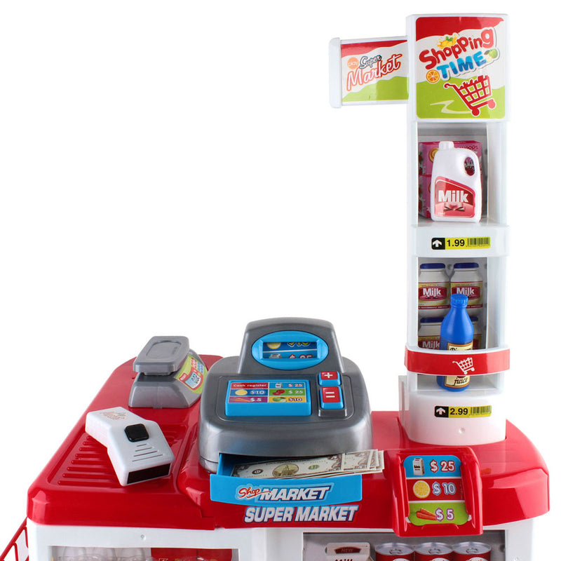 Kids Pretend Supermarket Checkout with Scanner, Cash Register, Trolley and Products
