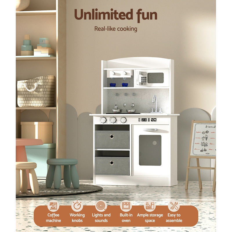 Kids Modern Style Wooden Kitchen Play Set with Appliances, Coffee/Tea Station and Accessories
