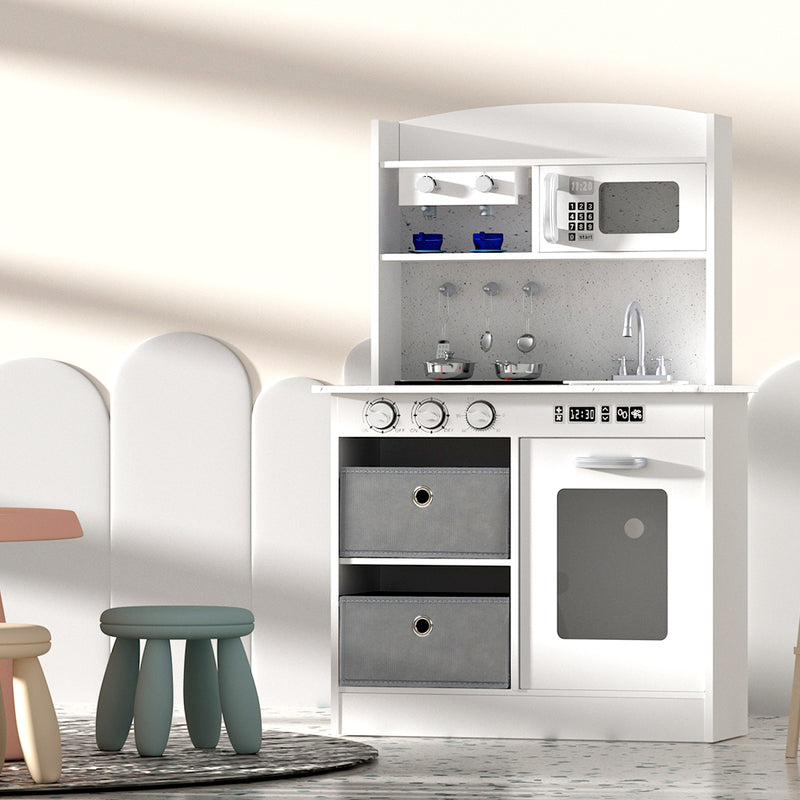 Kids Modern Style Wooden Kitchen Play Set with Appliances, Coffee/Tea Station and Accessories