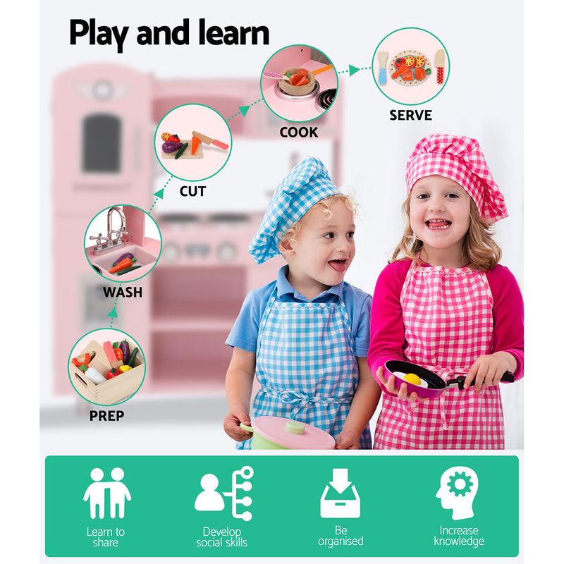 Kids Retro Style Wooden Kitchen Play Set with Appliances (Pink)