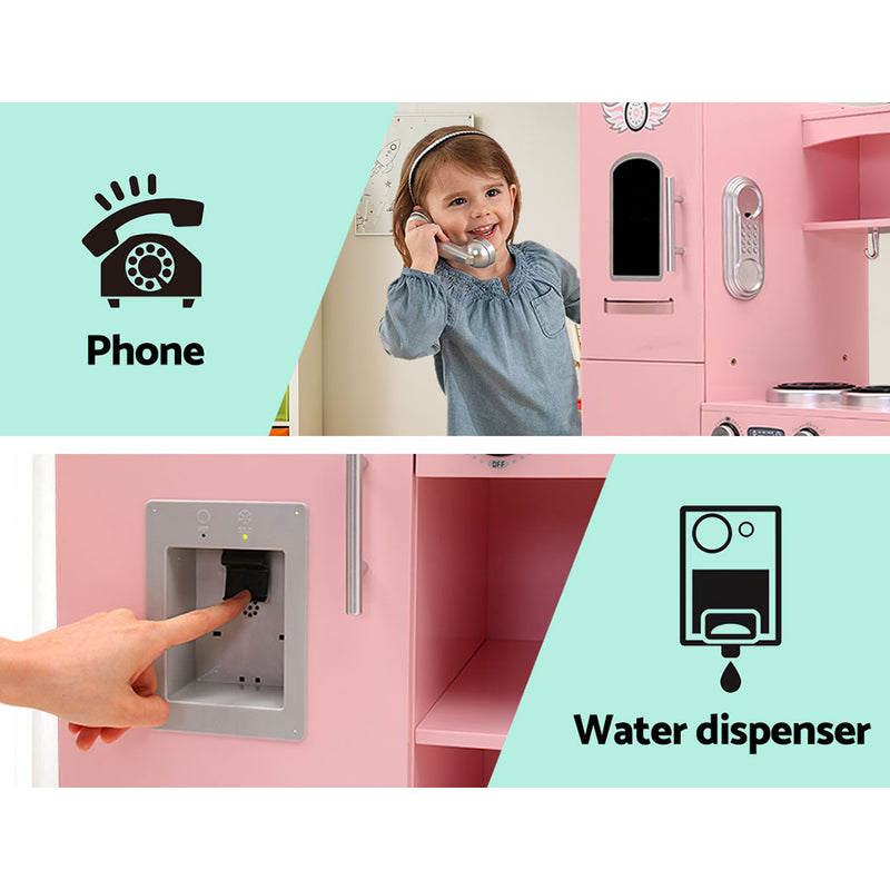 Kids Retro Style Wooden Kitchen Play Set with Appliances (Pink)