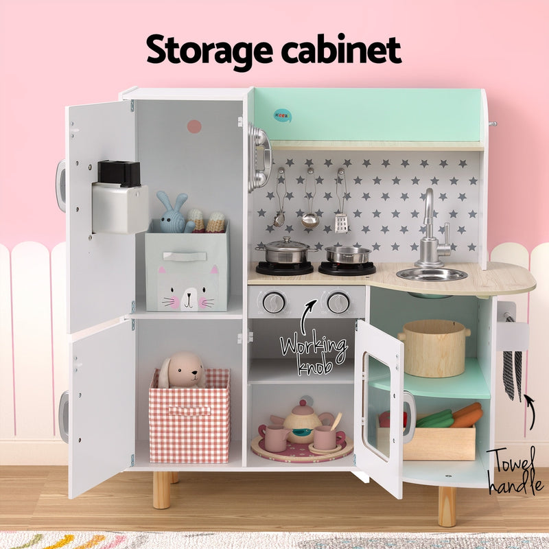 Kids Wooden Kitchen Play Set with Stove, Oven, Ice Maker Fridge & Phone