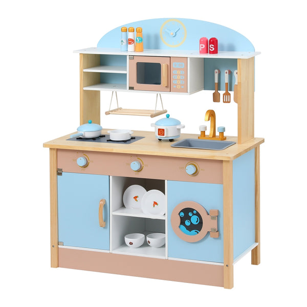 Kids Pastel Beach Style Wooden Kitchen Play Set with Appliances and Accessories