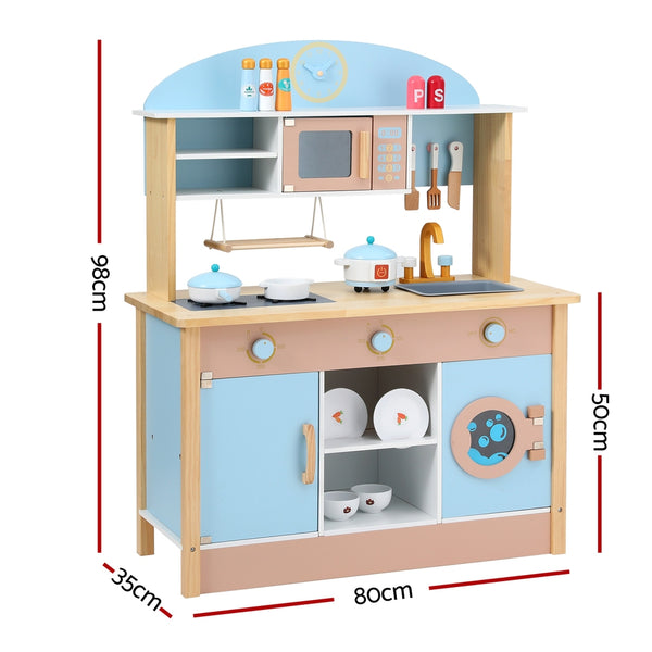 Kids Pastel Beach Style Wooden Kitchen Play Set with Appliances and Accessories