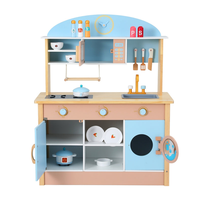 Kids Pastel Beach Style Wooden Kitchen Play Set with Appliances and Accessories