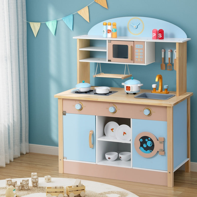 Kids Pastel Beach Style Wooden Kitchen Play Set with Appliances and Accessories