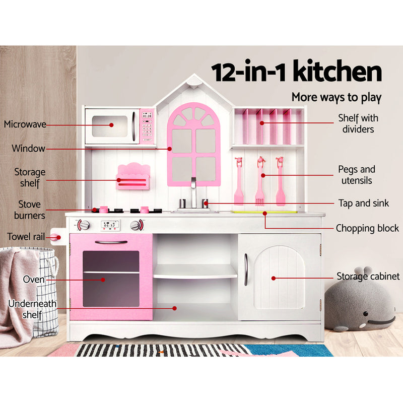 Kids Wooden Kitchen Play Set with Sink, Appliances and Storage - Home Style (Pink)&nbsp;