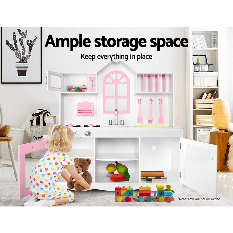 Kids Wooden Kitchen Play Set with Sink, Appliances and Storage - Home Style (Pink)&nbsp;