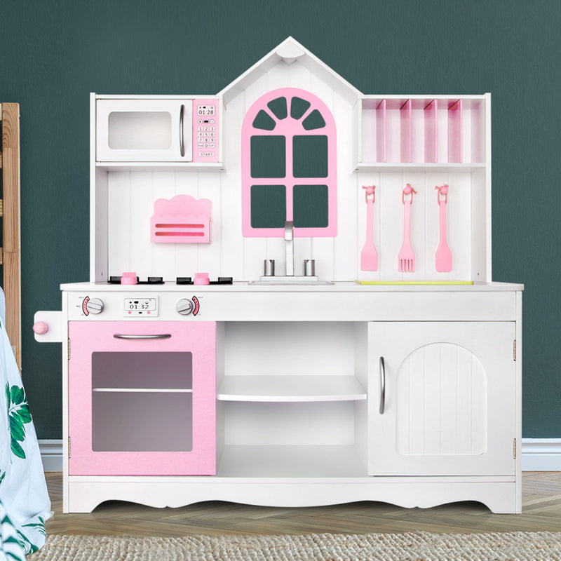 Kids Wooden Kitchen Play Set with Sink, Appliances and Storage - Home Style (Pink)&nbsp;