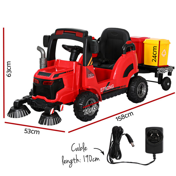 Kids 12V Electric Ride On Street Sweeper Vehicle with optional Parent Remote Control (Red)