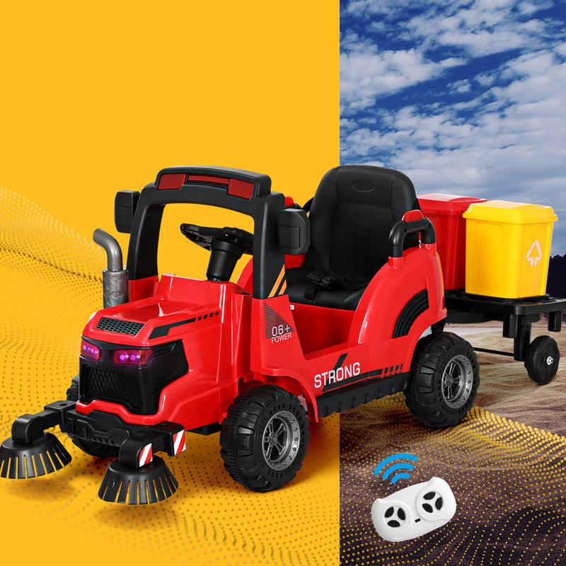 Kids 12V Electric Ride On Street Sweeper Vehicle with optional Parent Remote Control (Red)