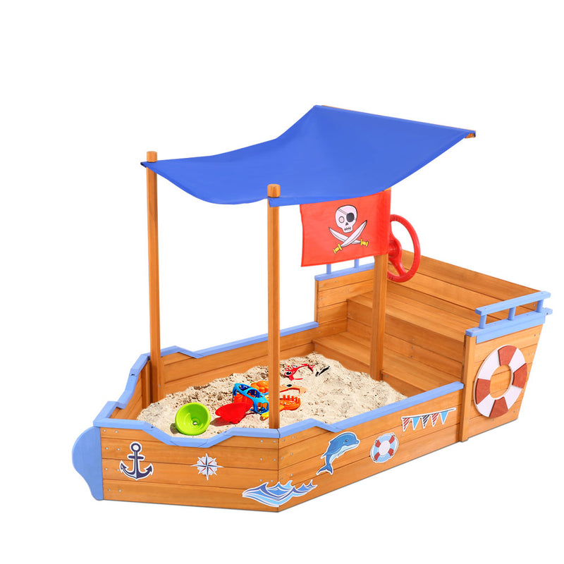 Wooden Boat Sand Pit with Canopy and Bench Seats (1.65m)
