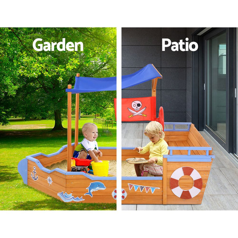 Wooden Boat Sand Pit with Canopy and Bench Seats (1.65m)